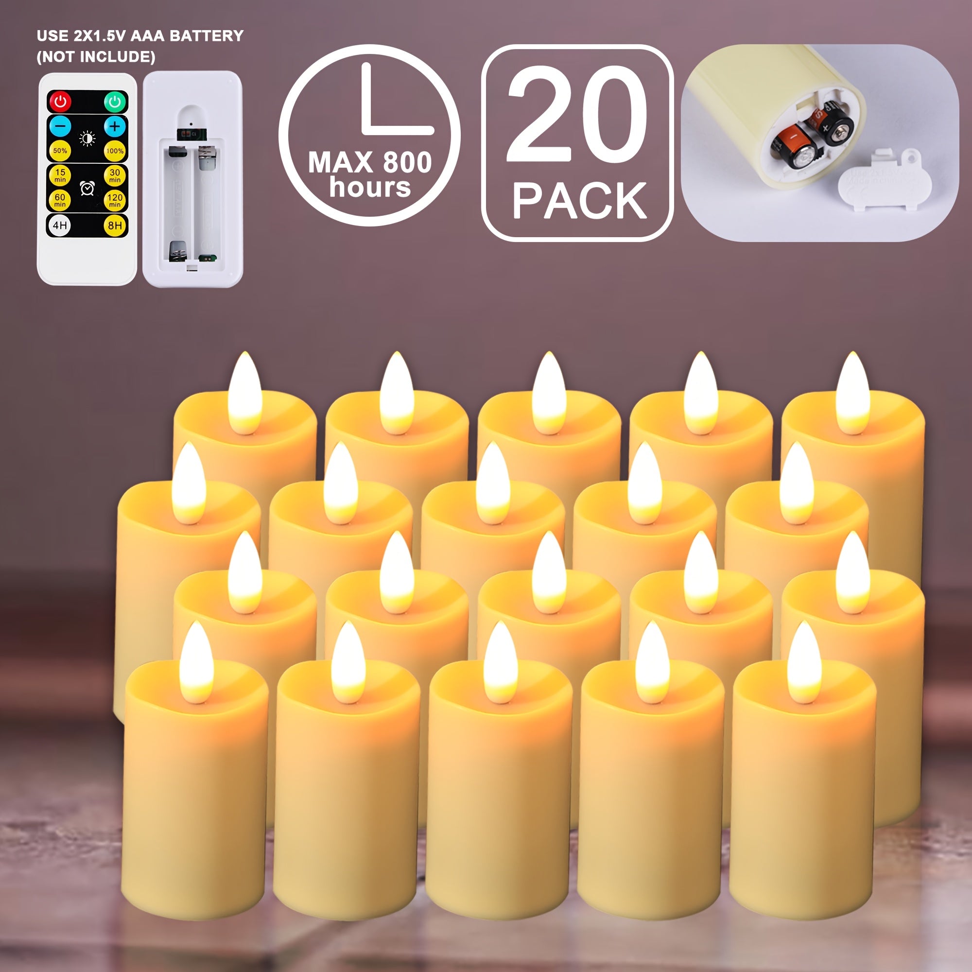 TEMU 20pack Flameless Tea Light Votive Candles, Max 800hours By 2aaa Battery With Remote Control, Led Flickering Candles Battery Operated Candles