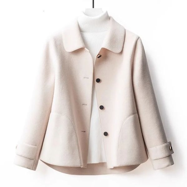 Autumn Winter DoubleSided Wool Coat Womens Section Doll Collar Short Woolen Coats Black Cardigan Outerwear Female 241127