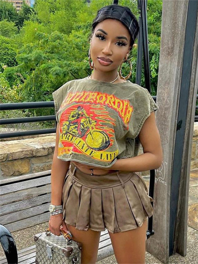 Women&#039;s TShirt 2023 y2k Clothes for women Streetwear Gray O Neck T Shirts Casual Print graphic Crop Tops Sleeveless Green Tees Summer 230707