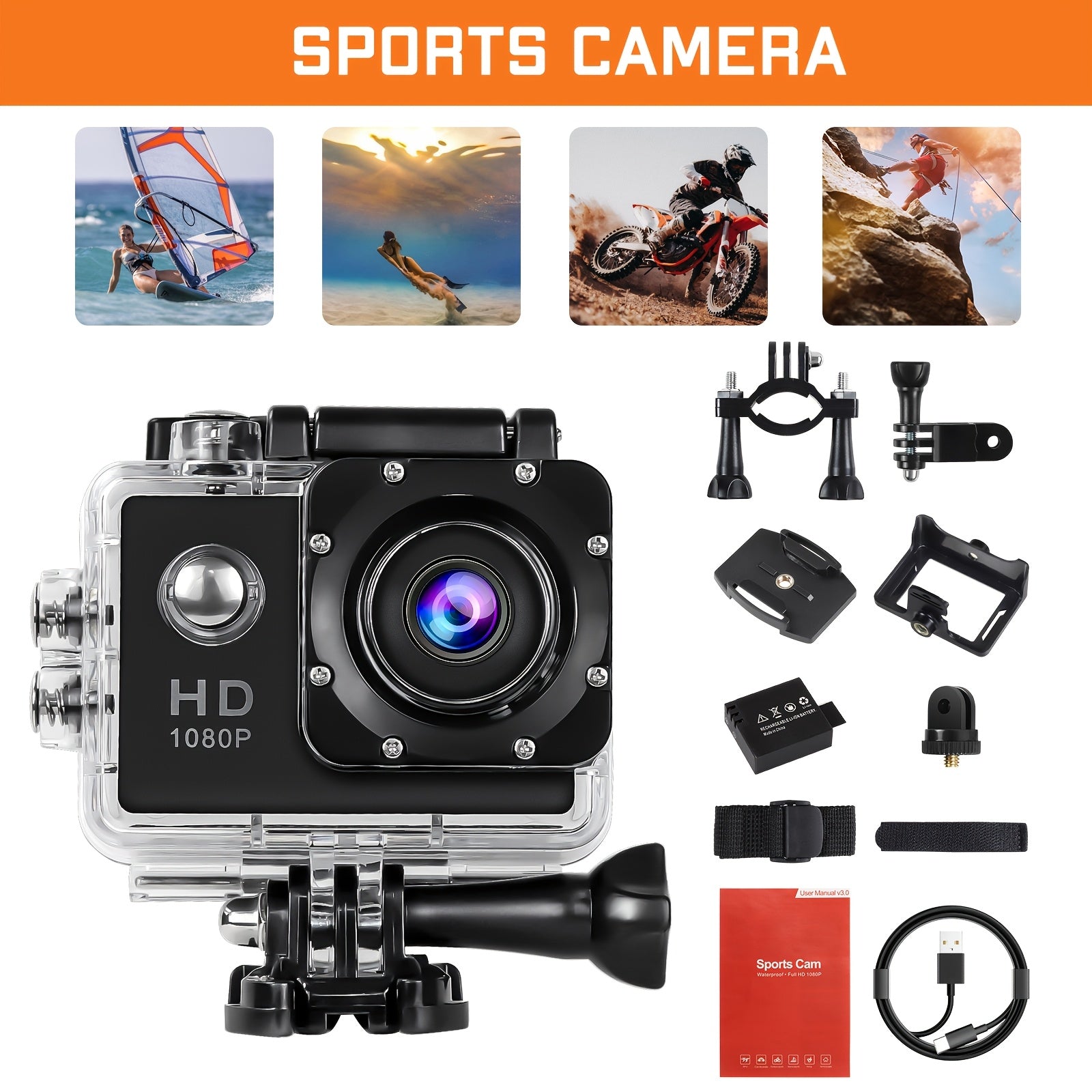 TEMU Action Camera Outdoor Riding 1080p Hd Camera 170° Wide Angle Sports Camera Can Run , Holiday Gift Climbing Sports Camera With Covering