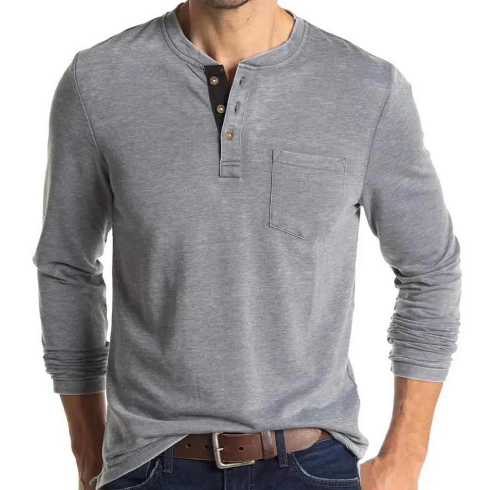 Mens Round Collar Long Sleeved T-shirts Solid Casual Top Single Breasted Pocket TShirt Soft Comfy Bottoming Shirt for SpringX240919