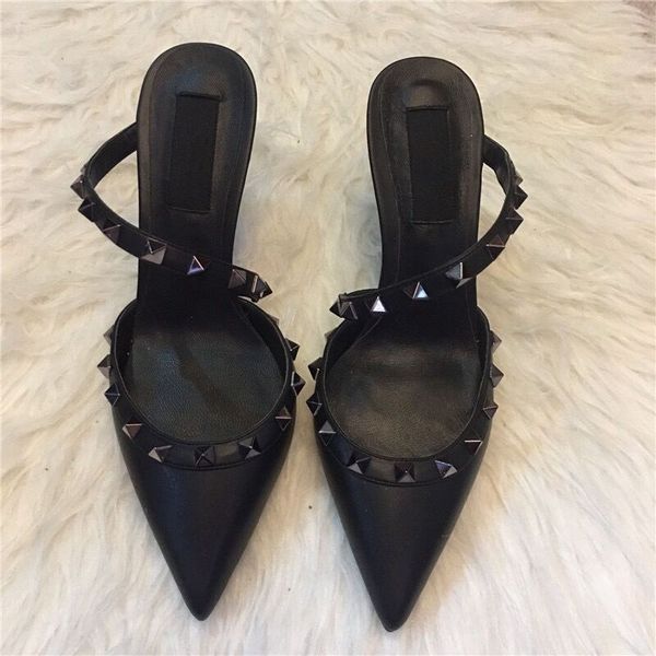 Summer for Women Designer Shoes 6 8 10cm Thin Heels Full Black Matte Leather Sandals with Dust Bag 34-44