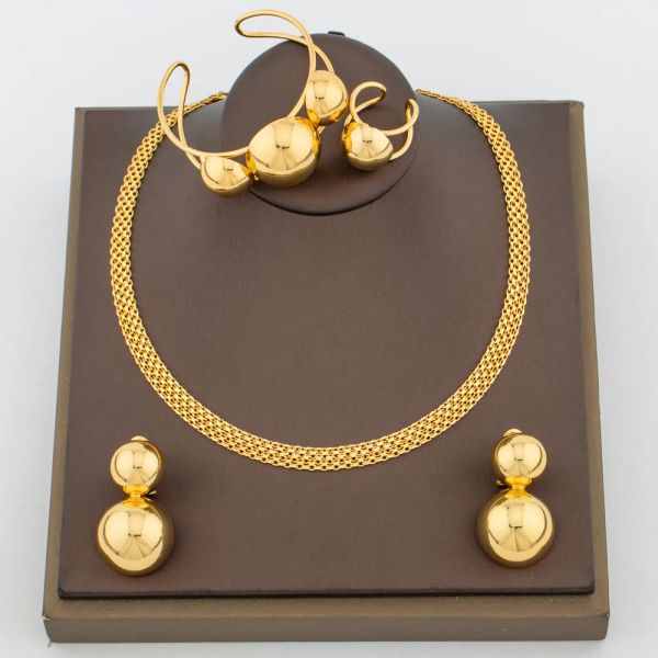African 18k Gold Plated Jewelry Set for Women Choker Necklace and Earrings with Bangle Ring Round Beads Set for Dubai Accessory