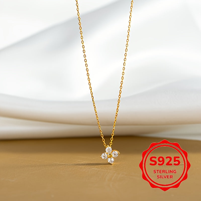 TEMU 1.2g S925 Silver Clover Synthetic Synthetic Zirconia Petite Necklace Versatile Minimalist Collarbone Chain For Casual Attire Holiday Gift