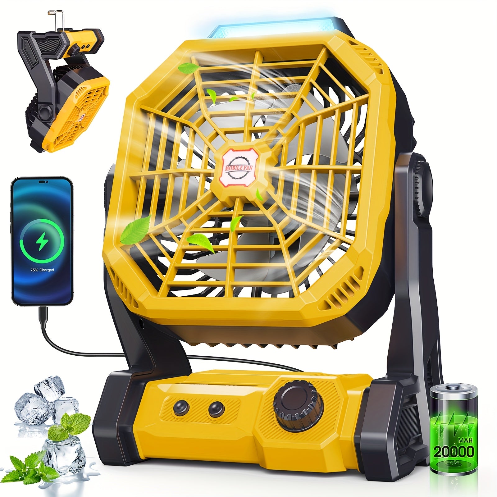 TEMU 20000mah Portable Charging Camping Fan, With Led Light, Usb-powered Desktop Fan, Suitable For Outdoor, Car, Picnic, Power Outage, Cooling,