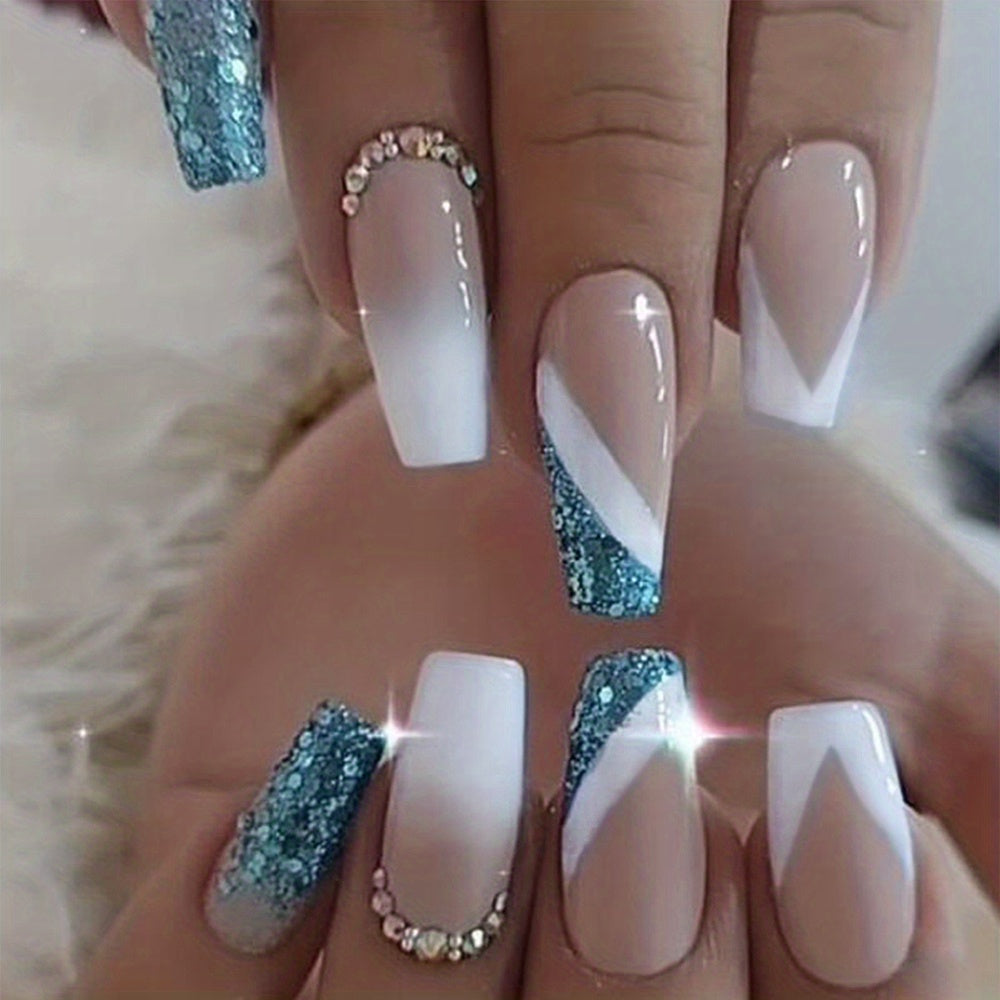 TEMU 24pcs Glossy Long Coffin Press On Nails - French Style With Glitter Accents, Striped Design, Reusable Artificial False Nails For Women, Cute