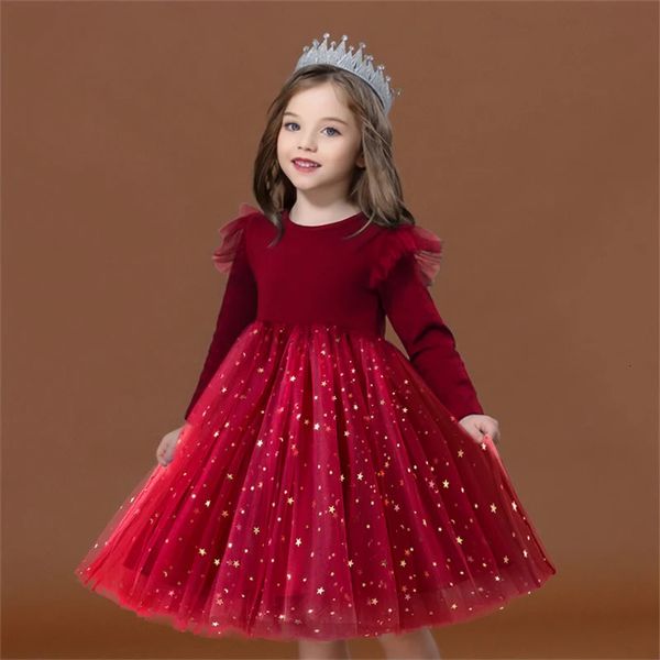 2024 Red Christmas Dress for Baby Girls Winter Long Sleeve Mesh Dresses for 3-8Yrs Kid Star Sequin Birthday Party Princess Dress 241111 X250