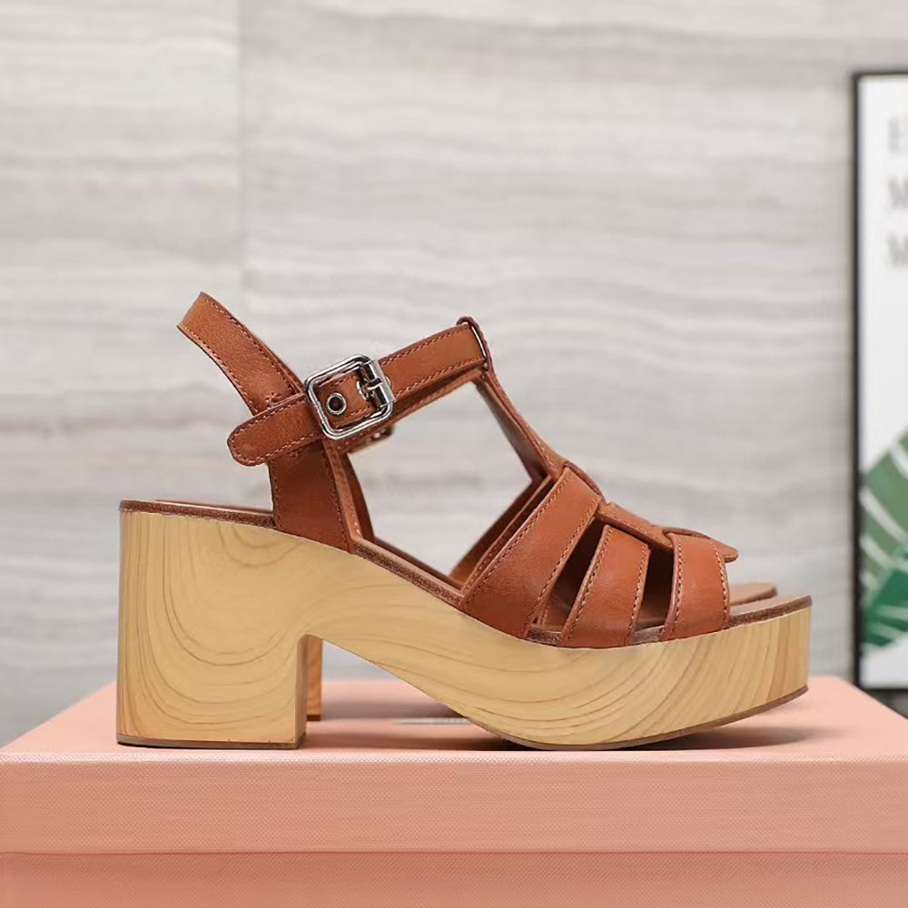 Womens Chunky Heel Sandals Top quality Genuine Leather weave band buckle Wood grain platform sandals Luxury designer high heels 35-42 with box