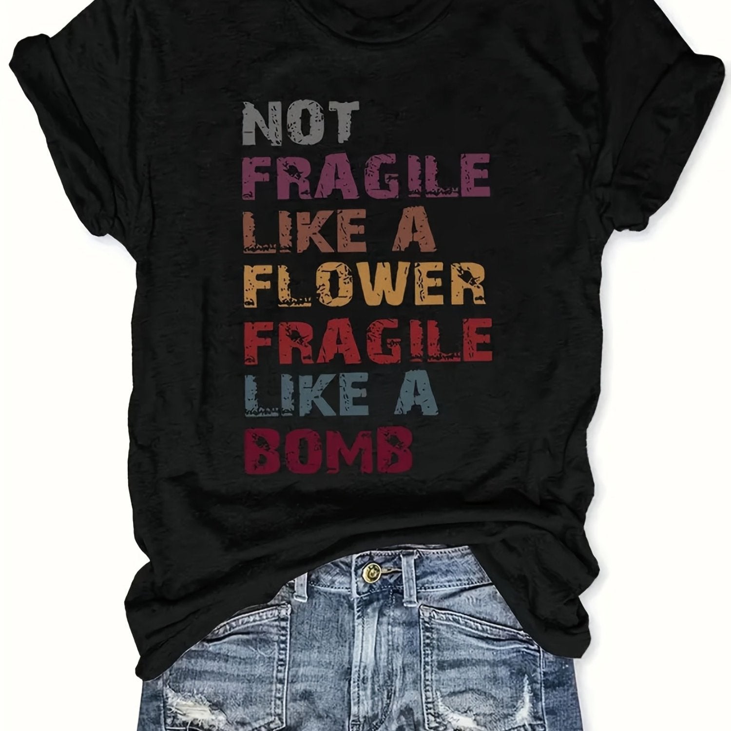 TEMU Women's Cotton Graphic T-shirt " Like A Flower But Fragile Like A " Letter Print, Black With Multicolor Text, Regular Fit Short Sleeve Round