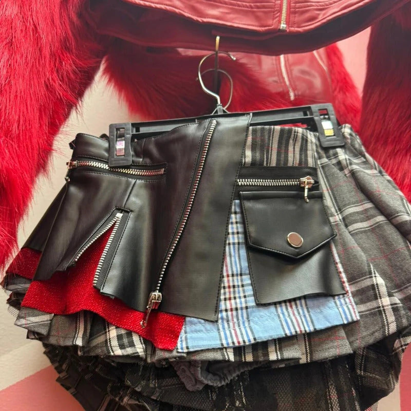 2025 Womens Cotton Lace Patchwork Plaid Mini Leather Skirts Streetwear Female Modern Punk Irregular Pleated Skirt 250322