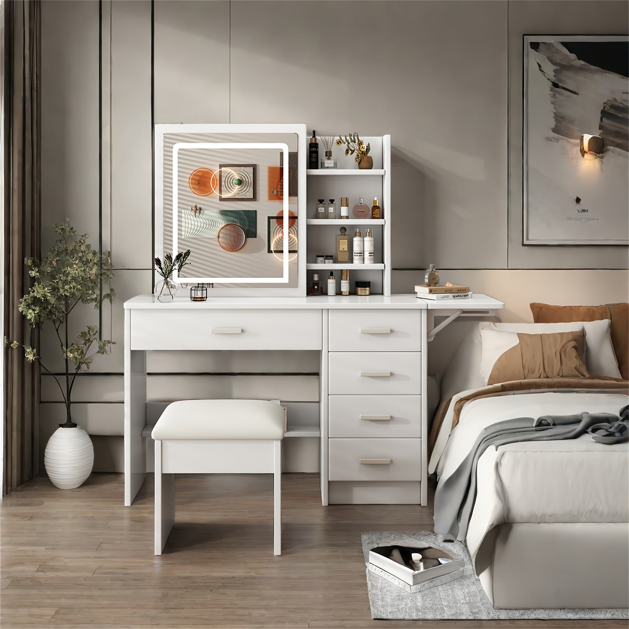 TEMU Fashion Vanity Desk With Mirror With Open Shelves And Chair, Vanity Mirror With Lights And Table Set, 5 Drawers,