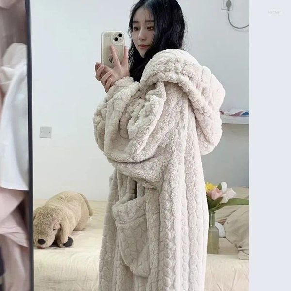 Sleepwear Womens Pocket Robe For Women Winter Nightdress Night Wears Warm Fleece Pama One Piece Nightgown Hooded Sleeping Homewear