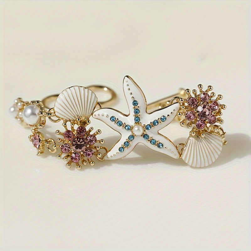 TEMU Bohemian Ocean Starfish & Seashell Bracelet With Sparkling Rhinestones – Golden-tone Alloy Beach Jewelry For Women, Vacation Or Casual Attire,