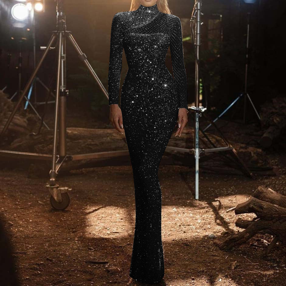 Black sequins lace High collar Evening Dresses Long sleeves Tight fitting Prom Dresses Customized vestidos de gala 241227