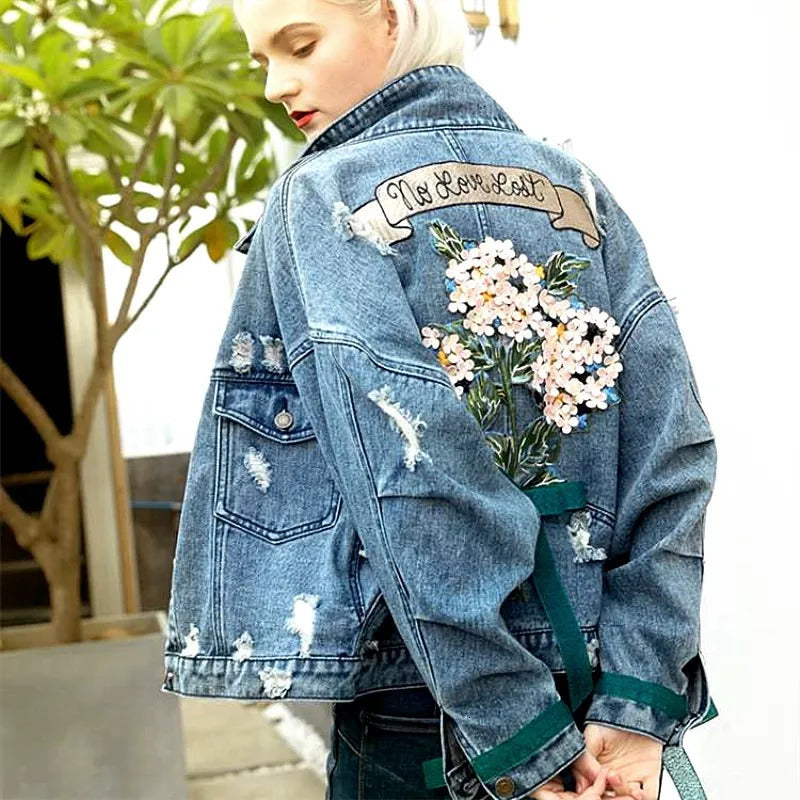 Denim jacket women embroidery flower appliques letters jeans jacket women outerwear coat loose OVERSIZED causal clothing NZ13 240808
