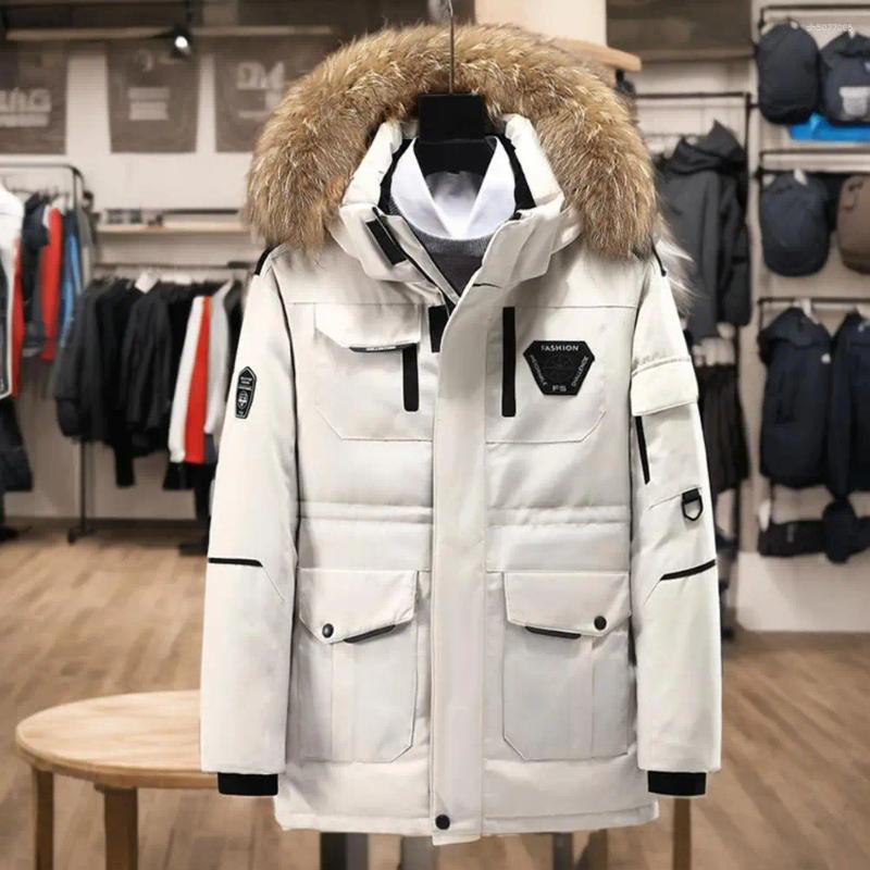 Men&#039;s Down Men Jacket With Multiple Pockets Hooded Faux Fur Trim Long Sleeve Windproof Design Outdoor Coat Zipper Placket Cargo C
