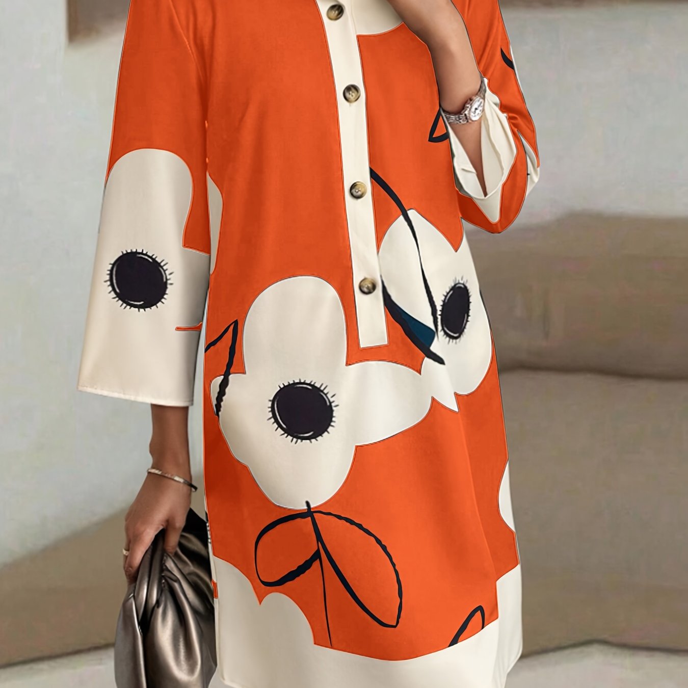 TEMU Women's Loose Fit Floral Print Shirt Dress With Button Front, Long Sleeves, And Pockets - Casual Mid-length A-line Dress For All , Casual Attire