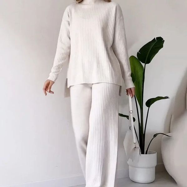 Women Knitted Twopiece Set Casual Loose Womens Home Suit With High Collar Top Wide Leg Trousers Knitting 2 Piece Outfit Winter 241214