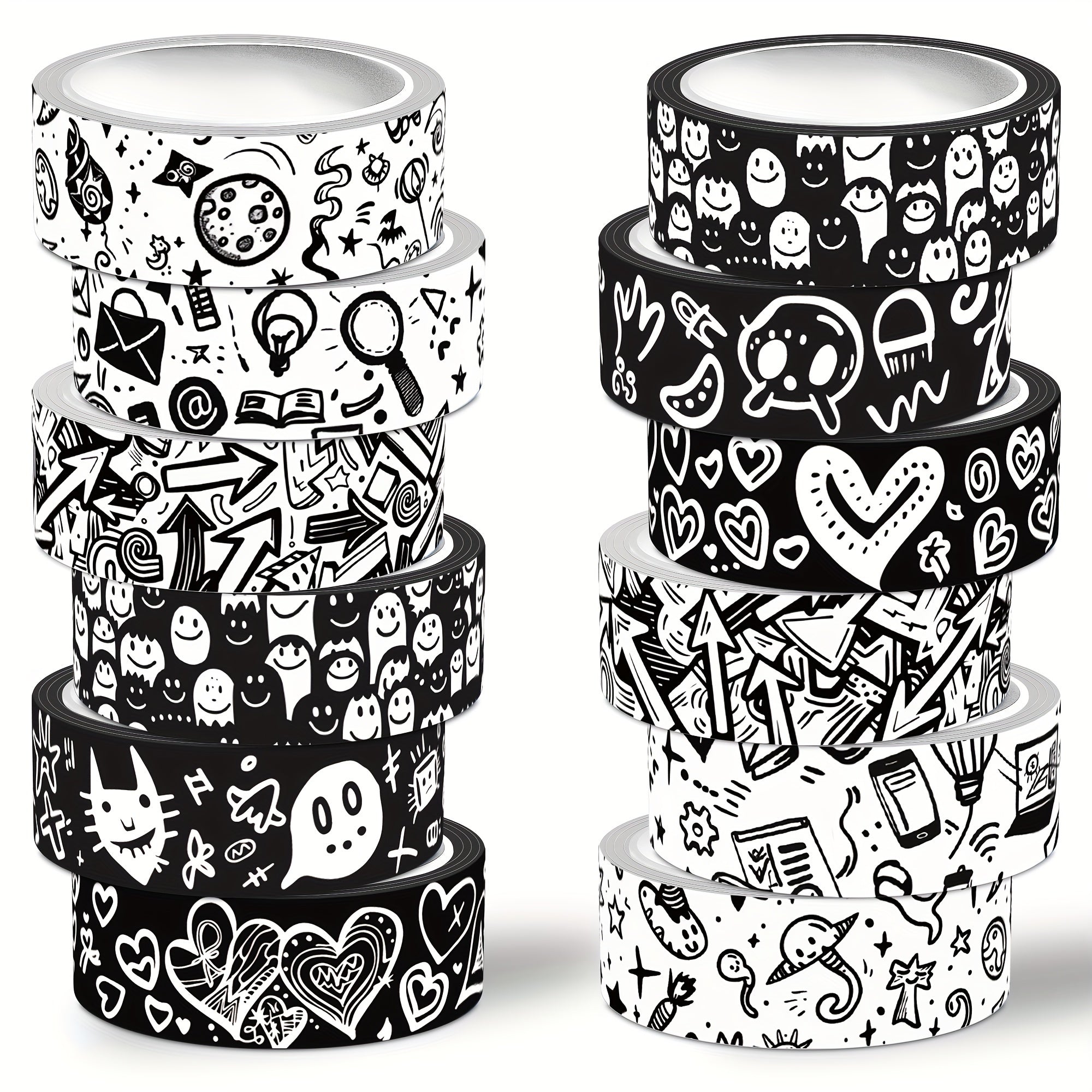 TEMU Nikomie 12-pack Graffiti Washi Tape Set, Black And White Decorative , Non-waterproof Paper Material, Bohemian For Journaling, Scrapbooking, Diy