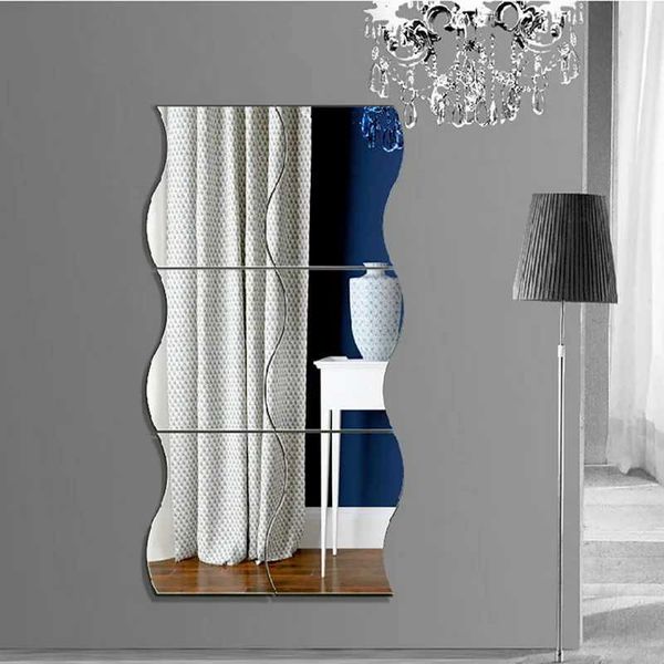 6 Pieces of Wave Combination Mirror Three-dimensional Wall Sticker 3D Mirror Mural Modern Artist Living Room Bedroom Decoration Y240730