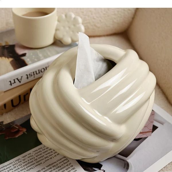 Ceramic Tissue Box Geometric Grain Wool Ball Braided Pattern Paper Extractor Napkin Holder Household Storage 241223