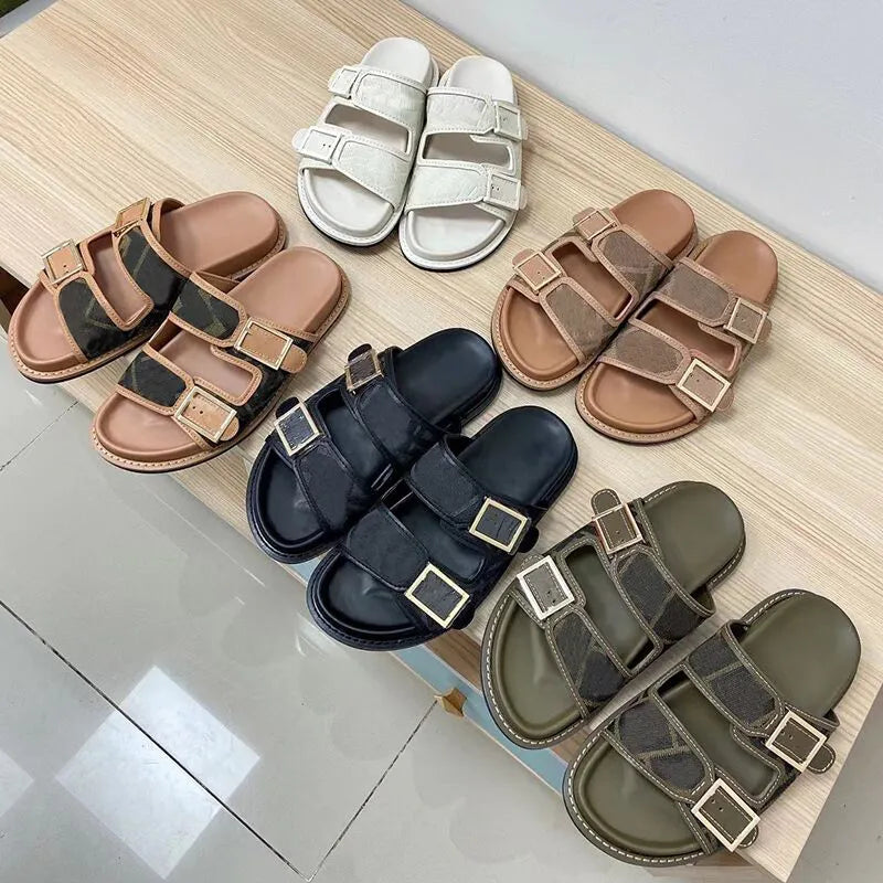 Designer Men Women Sandals Canvas Slides Double Strap Flat Buckle Slippers Mule Leather Bottom Beach Slides Rubber Soles Summer Flip Flops With Box