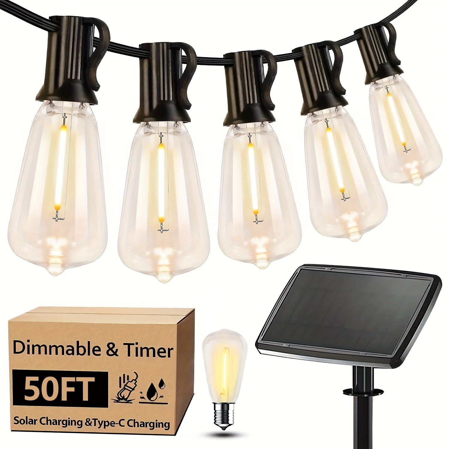 TEMU Solar Lights Outdoor, 100ft Patio Light With Shatterproof St38 Dimmable Bulb, Strong-weak-flash-breath 4 , Solar Outdoor Lights For Yard, Pool,