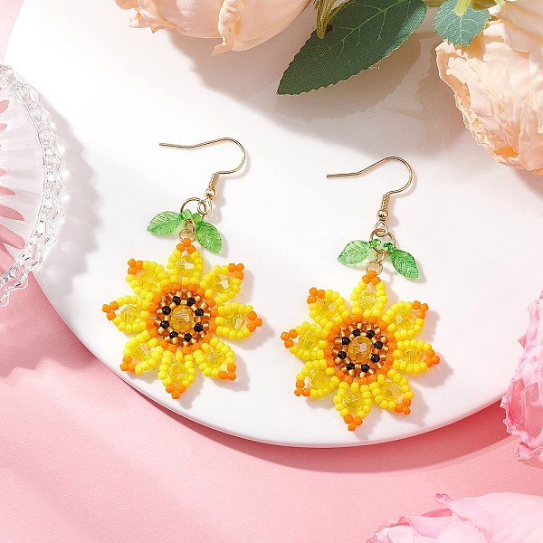 Boucles d'oreilles pendantes en forme de fleur en verre et acier inoxydable 304