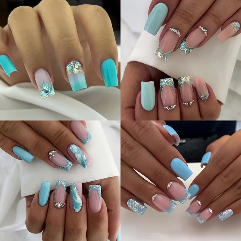 TEMU 96pcs Square Glitter Press On Nails Medium Summer Fake Nails Light Green False Nails Design And Green Gradient Acrylic Nails Glossy Stick On