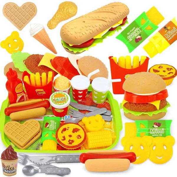 Simulated Burger Toy Children Pretend to Play Cooking Chips Pizza Western Food Kitchen Cooking Plate Toy Set Girls Education W241119