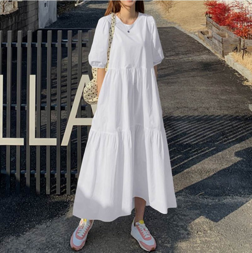 (664) New Fashionable Loose Solid Color Puff Sleeve Swing Long Dress