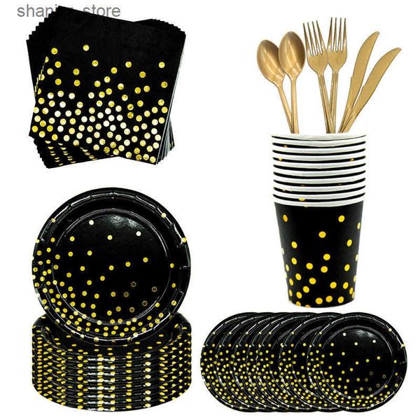 Disposable Dinnerware Black gold Party Disposable Tableware Set Paper Cups Plates Straws Cake Stand Table Decoration Wedding Birthday Party