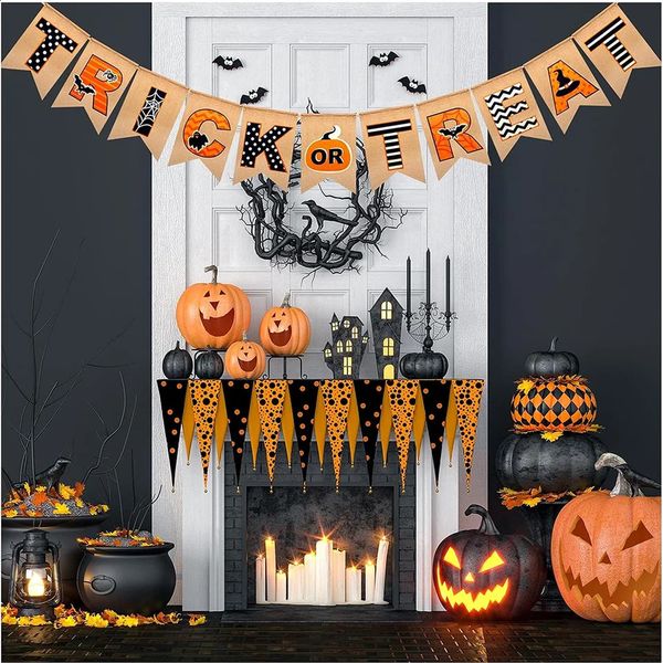 1 set of Halloween decorations Mantel Garland Burlap trick or treat hanging banners for fire room party supplies discounts 240905