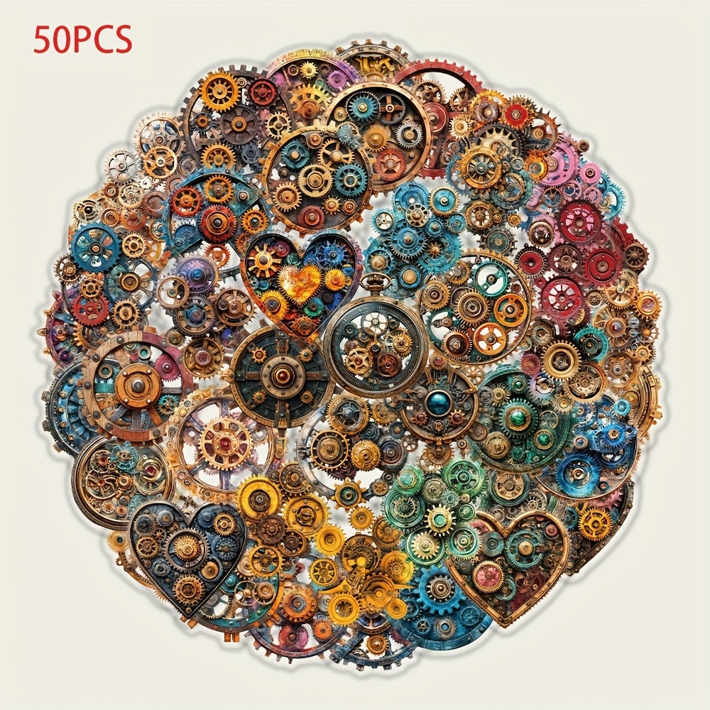 TEMU 50pcs Scxxbsw Steampunk Gears Stickers - Colorful Mechanical Design Pet Plastic Irregular Shapes Self-adhesive Waterproof Decals For Laptops,