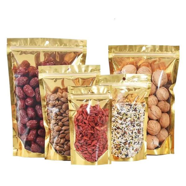 100Pcs Gold Aluminum Foil Zipper Bags With Hang Hole Stand Up Reusable Food Bag Nut Candy Dried Fruit Snacks Packaging Pouches