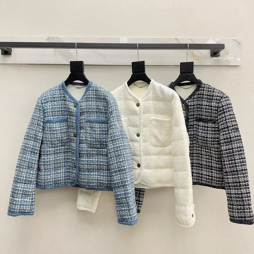 New women&#039;s coarse woolen woven jacket, down jacket with lace and ribbon splicing, winter warm and fashionable down jacket