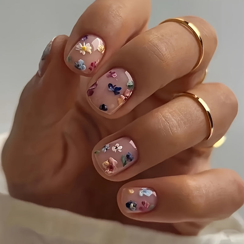 TEMU 24pcs Short Square Press-on Nails - Floral With & Golden Accents, Glossy Reusable Fake Nails For Women, Includes Jelly Glue & Nail File, Beauty