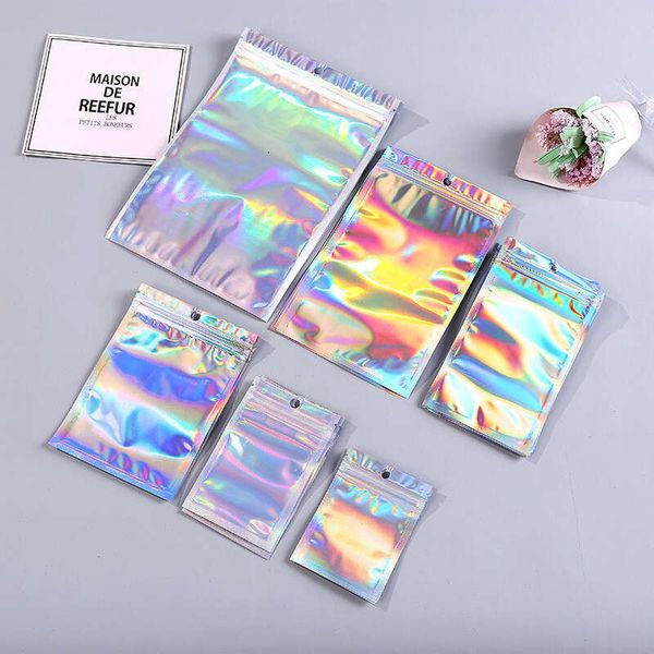 100Pcs Translucent Resealable Laser Zip Lock Bags Holographic Iridescent Bag Jewelry Necklace Cosmetics Plastic Packaging Pouch