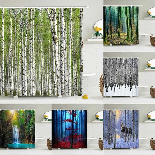 Birch Trees Forest landscape Shower Curtain Waterproof Fabric Bathroom Curtains Natural Scenery Bath Screen with 12 Hooks Y240815