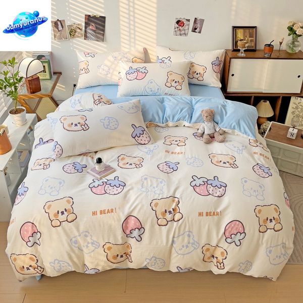 ddmyuranus Cute Cartoon Bear Duvet for Girls Child Room Decor Kawaii Strawberry Comforter Cover 3-4pcs Washed Cotton Bedding Set