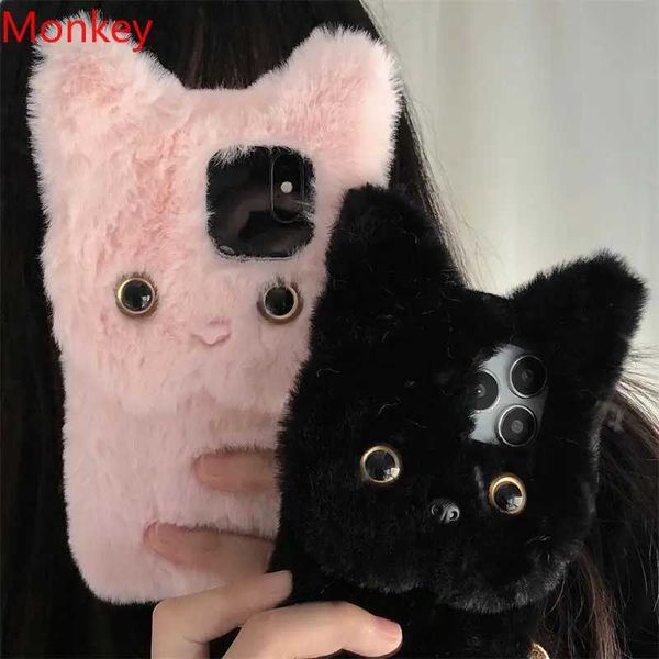 High Quality 3D Cute and Warm Fur Cat Case iPhone 15 Pro Suitable for iPhone 16 Pro Max 14 Plus 13 12 11 XS XR Fur Plush Soft Silicone Back