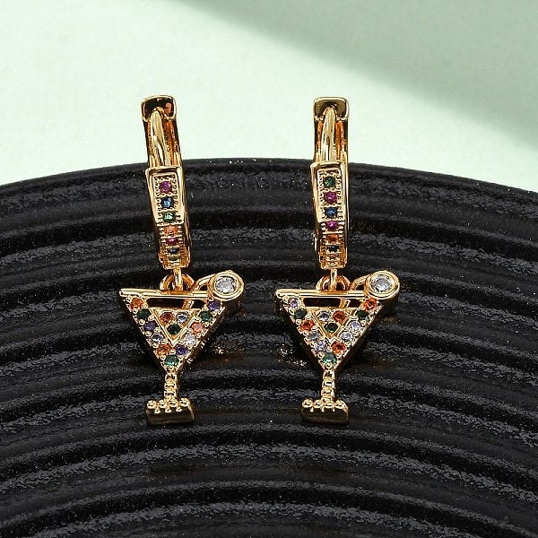 Boucles d'oreilles créoles pendantes en laiton avec micro pavé de zircones cubiques et verre à vin