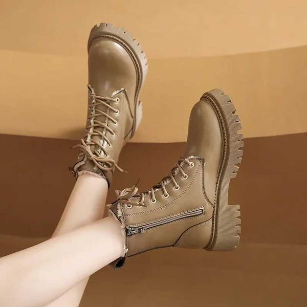 TSTB Brown Platform Ankle Boots Women Autumn Winter Thick Bottom Motorcycle Boots Woman Thicken Warm Lace Up Shoes LadiesXJ250115