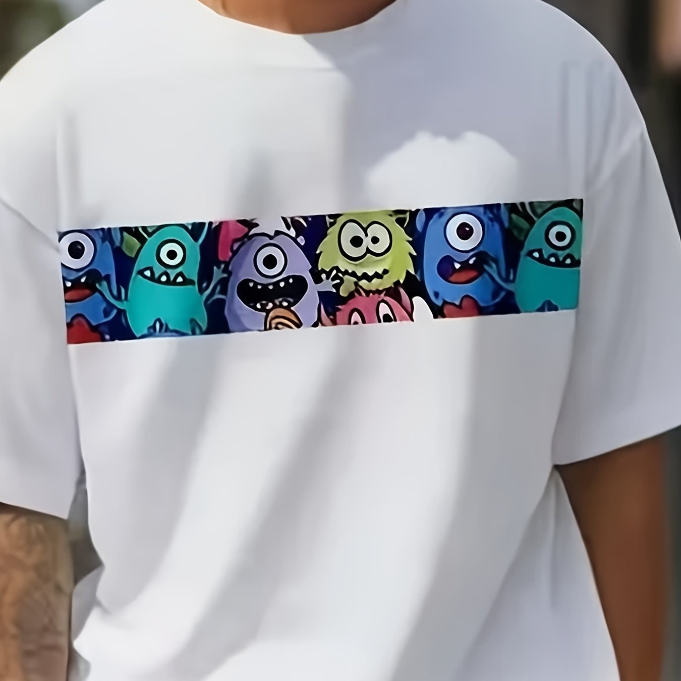 TEMU Cute Cartoon Print Summer Casual Crew-neck Urban Short Sleeve Top220g, Pure Cotton, Heat Transfer Necessities, Round Neck T-shirt, Fitness