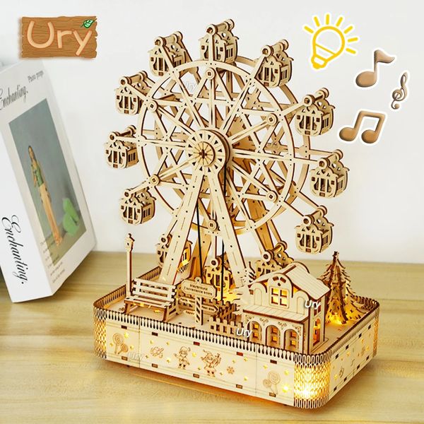 Ury 3D Wooden Puzzles Led Rotatable Ferris Wheel Music Octave Box Model Mechanical Kit Assembly Decor DIY Toy Gift for Kid Adult 241204