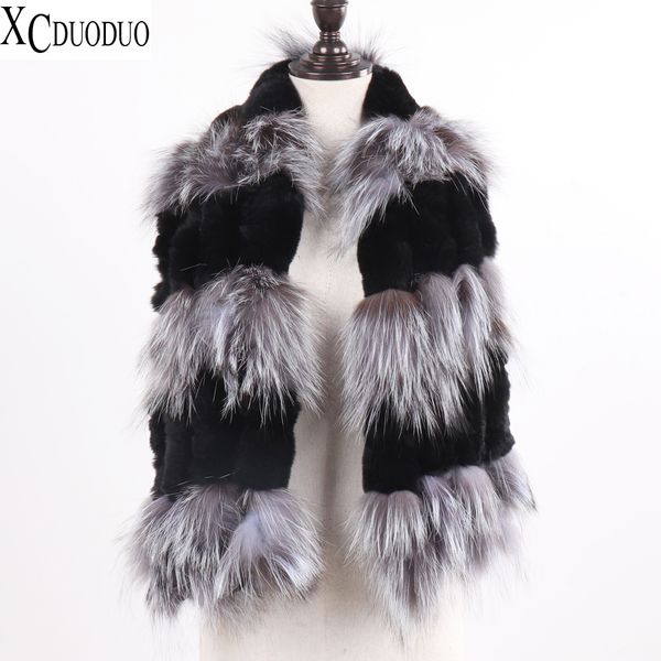 Scarves Winter Women Long Genuine Knitted Fur Scarf Real Rex Rabbit Collar Warm Neck Stole Tassel Natural Silver 230921