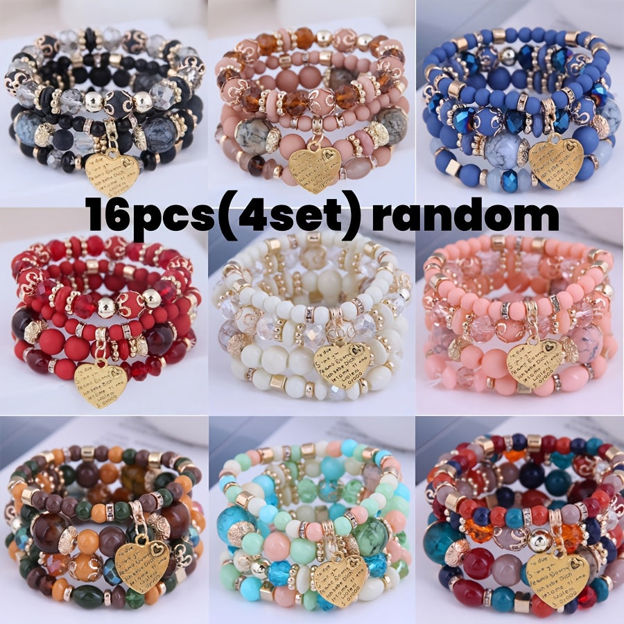 TEMU 16-24-40pcs Boho Chic Handmade Resin Bead Bracelets With Heart Pendant, Alloy Fashion Jewelry For Girls, No Plating, Colorful Layered Beaded