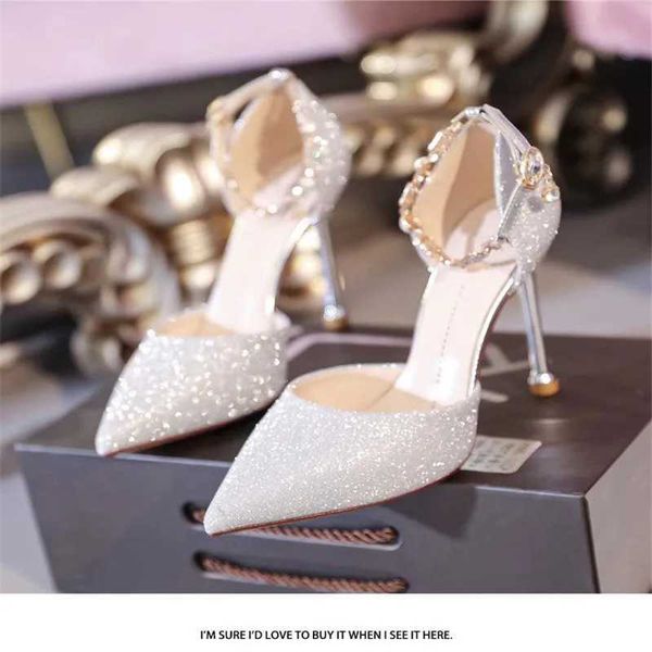 High heels shoes women bridal shoes silver champagne Pointed toeThin Heels Rhinestone Stilettos Dress shoes C241115