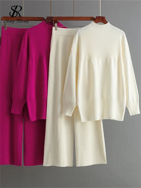 SINGREINY Korean Winter Casual Sets Women Loose Split TopHigh Waist Wide Legs Long Pants est Chic Knitting Sweater 2PC Suits 241121