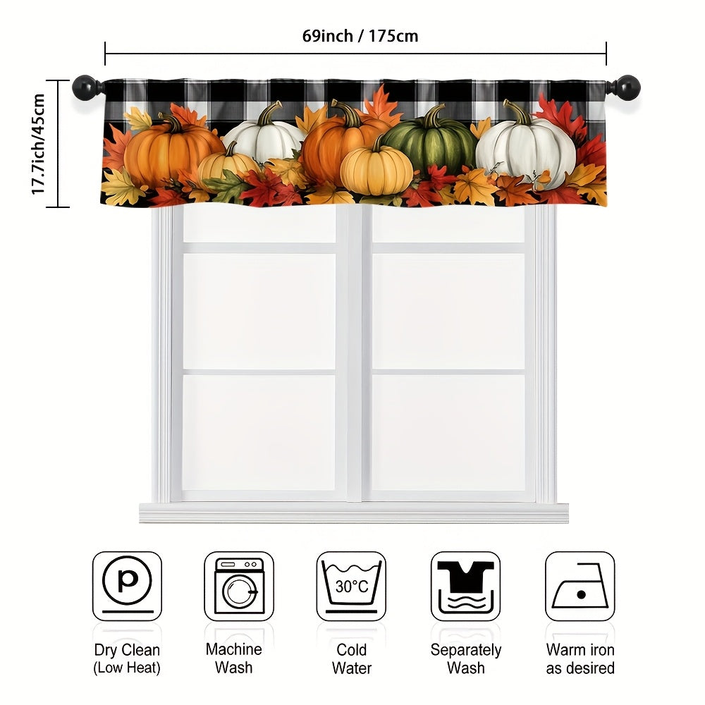 TEMU 1pc Pumpkin Curtain - Vibrant Print With Pumpkins, Leaves & Checkered Background, 100% Polyester Light Filtering Rod Pocket Curtain For Short
